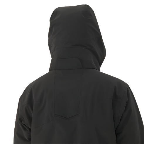 Descente Steep Insulated Jacket 2025 - A black jacket with a high collar and zippered pockets, featuring a subtle logo on the left chest.