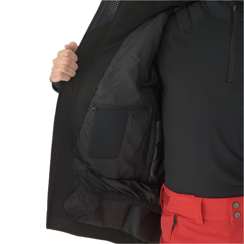 Descente Steep Insulated Jacket 2025 - A black jacket with a zippered pocket on the left chest and two zippered pockets at the waist.