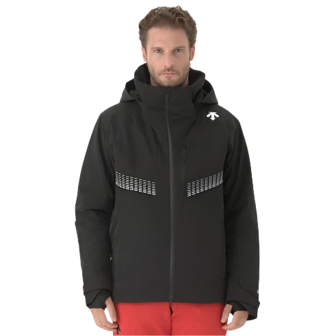 Descente Steep Insulated Jacket 2025 - A black jacket with a white logo on the left chest and a zipper down the front.