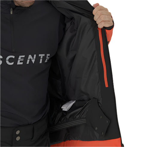 Descente - A black insulated jacket with a zippered chest pocket on the left side.