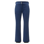 Descente Women's Giselle Insulated Pant 2025 - A pair of navy blue ski pants with a slight flare at the bottom and two silver buttons on the waistband.