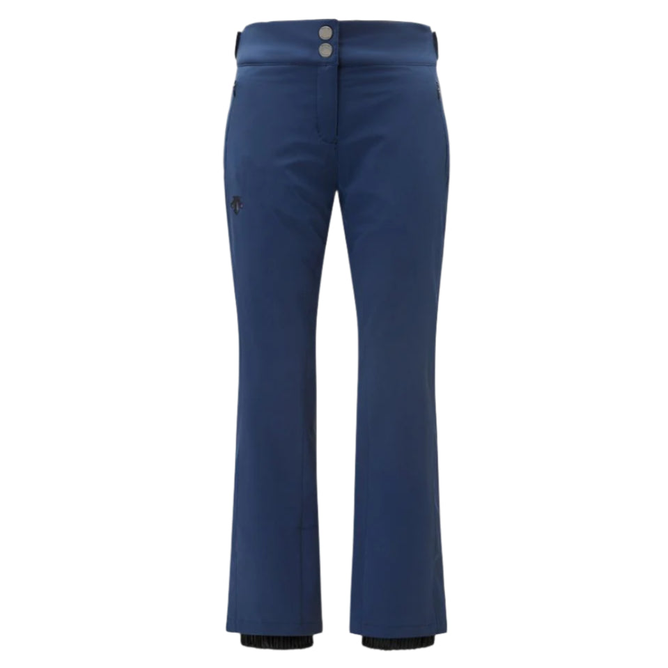 Descente Women's Giselle Insulated Pant 2025 - A pair of navy blue ski pants with a slight flare at the bottom and two silver buttons on the waistband.
