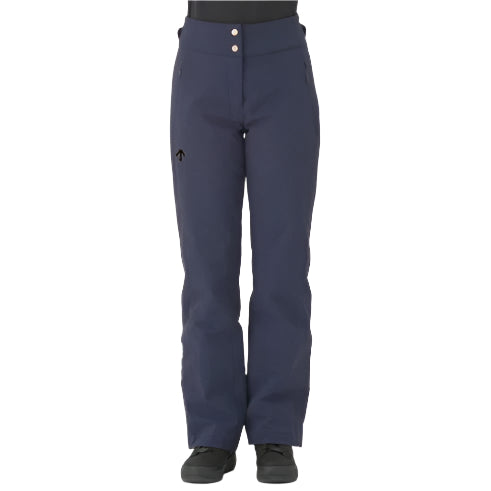 Descente Women's Giselle Insulated Pant 2025 - A pair of dark gray women's ski pants with a zippered pocket on the left thigh and two white buttons at the waist.