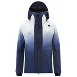 Descente Women's Swiss Insulated Jacket 2025 - A navy blue and white ombre jacket with a hood, featuring a zipper down the front.