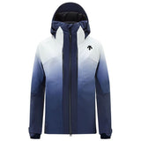 Descente Women's Swiss Insulated Jacket 2025 - A navy blue and white ombre jacket with a hood, featuring a zipper down the front.