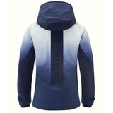 Descente Women's Swiss Insulated Jacket 2025 - A navy blue jacket with a hood, featuring a gradient effect from light to dark on the back and sleeves.