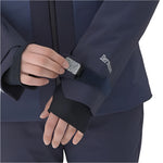 Descente Women's Swiss Insulated Jacket 2025 - A dark blue jacket with a white logo on the left sleeve and a zipper down the front.