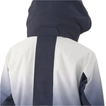 Descente Women's Swiss Insulated Jacket 2025 - A navy blue and white ombre jacket with a hood, featuring a zipper closure on the front.