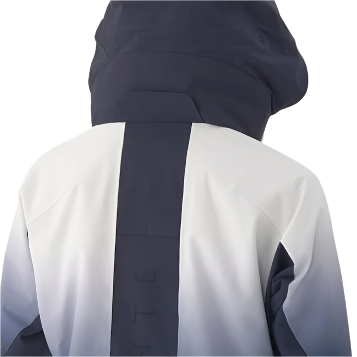Descente Women's Swiss Insulated Jacket 2025 - A navy blue and white ombre jacket with a hood, featuring a zipper closure on the front.