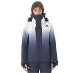 Descente Women's Swiss Insulated Jacket 2025 - A navy blue and white ombre jacket with a high collar, featuring a zipper down the front.