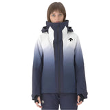 Descente Women's Swiss Insulated Jacket 2025 - A navy blue and white ombre jacket with a high collar, featuring a zipper down the front.
