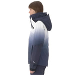 Descente Women's Swiss Insulated Jacket 2025 - A navy blue and white ombre jacket with a hood, featuring black zippers and logos.