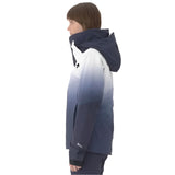 Descente Women's Swiss Insulated Jacket 2025 - A navy blue and white ombre jacket with a hood, featuring black zippers and logos.