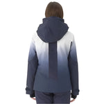 Descente Women's Swiss Insulated Jacket 2025 - A navy blue and white ombre jacket with a hood, featuring a gradient effect from dark to light.
