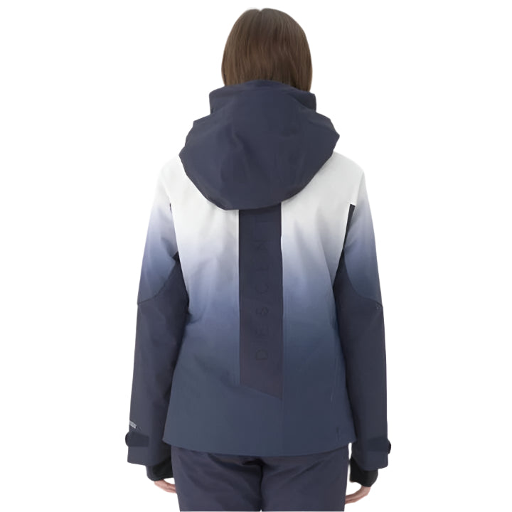 Descente Women's Swiss Insulated Jacket 2025 - A navy blue and white ombre jacket with a hood, featuring a gradient effect from dark to light.