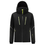 Descente Women's Kelly Insulated Jacket 2025 - A black jacket with a neon green zipper and accents on the hood, cuffs, and pockets.