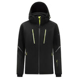 Descente Women's Kelly Insulated Jacket 2025 - A black jacket with a neon green zipper and accents on the hood, cuffs, and pockets.
