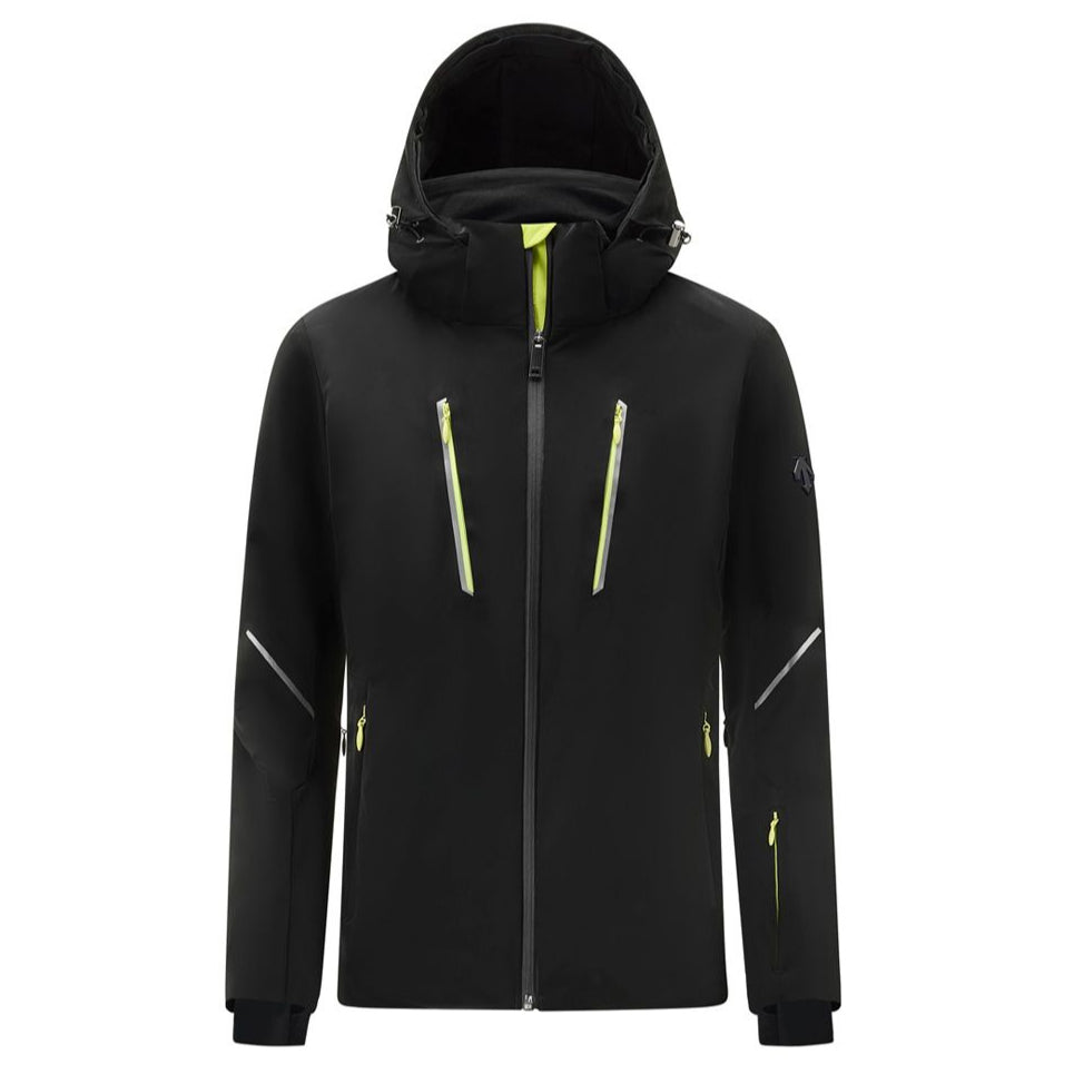 Descente Women's Kelly Insulated Jacket 2025 - A black jacket with a neon green zipper and accents on the hood, cuffs, and pockets.