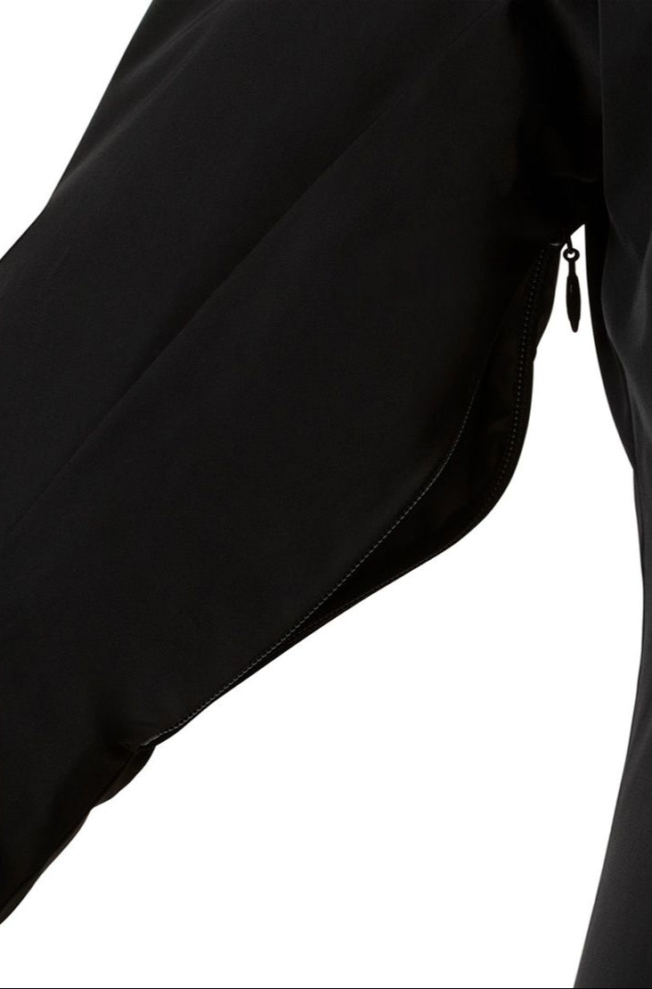 Descente Women's Kelly Insulated Jacket 2025 - A black jacket with a zipper and two zippered pockets on the front, featuring a white logo on the left chest.