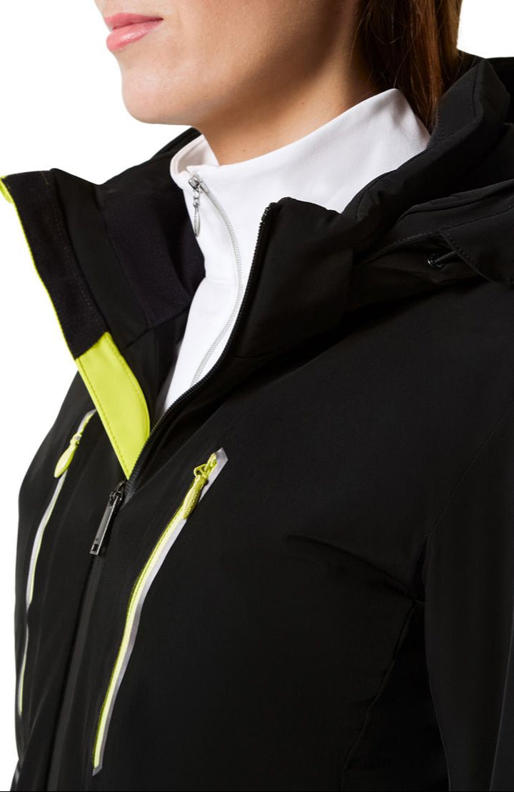 Descente Women's Kelly Insulated Jacket - A black jacket with a white zipper and yellow accents on the left side of the chest.