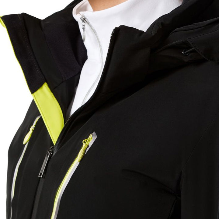 Descente Women's Kelly Insulated Jacket - A black jacket with a white zipper and yellow accents on the left side of the chest.