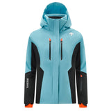 Descente Women's Lisa Insulated Jacket 2025 - A light blue jacket with a hood, featuring two zippered pockets on either side and an orange zipper pull.