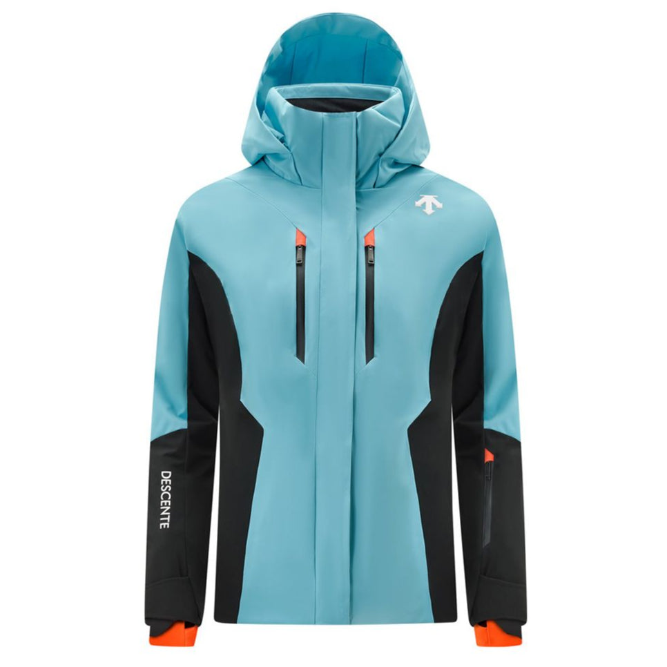 Descente Women's Lisa Insulated Jacket 2025 - A light blue jacket with a hood, featuring two zippered pockets on either side and an orange zipper pull.