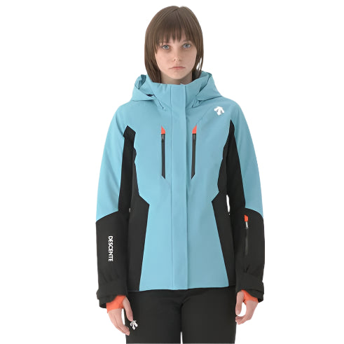 Descente Women's Lisa Insulated Jacket 2025 - A light blue jacket with a hood, featuring black accents and an orange zipper pull.