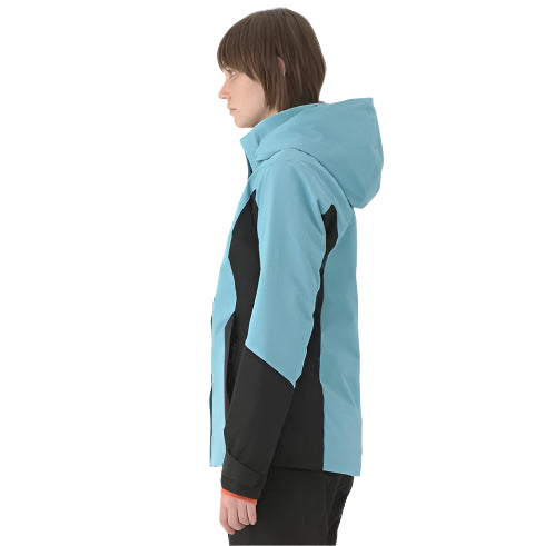 Descente Women's Lisa Insulated Jacket 2025 - A woman wearing a black and light blue jacket with an orange zipper, standing in profile facing left.