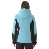 Descente Women's Lisa Insulated Jacket 2025 - A light blue jacket with black accents on sleeves and hood, worn by a model from behind.
