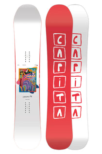 CAPiTA Aeronaut Snowboard 2025 - White snowboard with a colorful abstract design on top and bottom, featuring a blue rectangle with pink and yellow shapes.