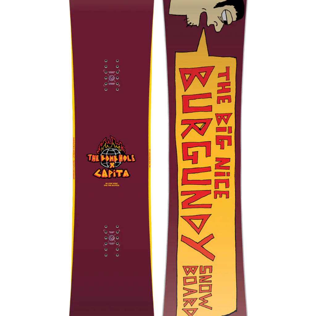 CAPiTA Big Nice Burgundy Snowboard 2025 - A burgundy snowboard with a distinctive "Big Nice" logo on its top surface.