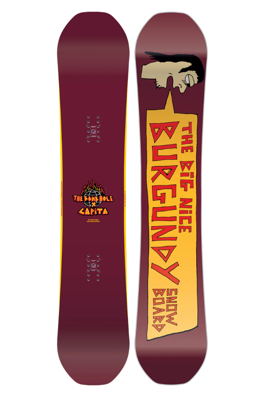 CAPiTA Big Nice Burgundy Snowboard 2025 - A burgundy snowboard with a distinctive "Big Nice" logo on its top surface.