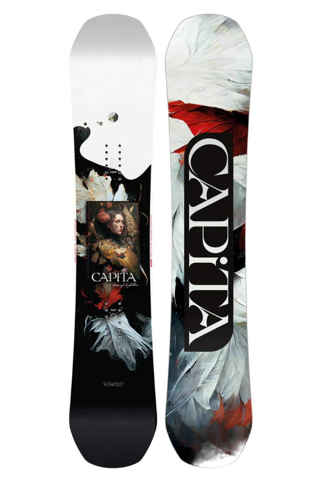 CAPiTA Women's Birds of a Feather Snowboard 2025 - A black snowboard with white feathers and red accents, featuring a woman's face in the center.