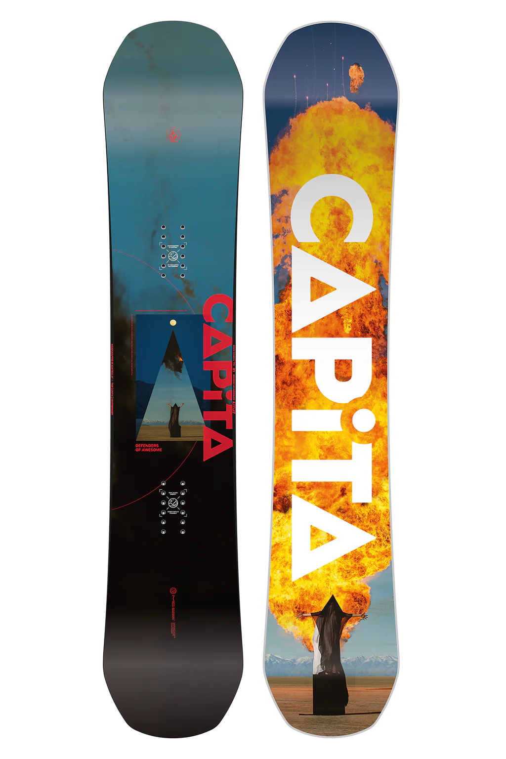 CAPiTA Defenders Of Awesome Snowboard 2025 - A blue and black snowboard with a triangular logo featuring a person standing in front of a mountain range, set against a dark background.