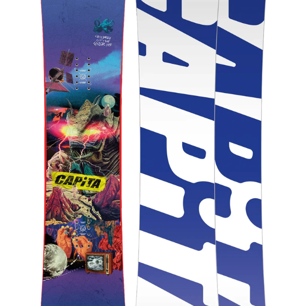 CAPiTA - Junior's Children Of The Gnar Snowboard 2025 is shown from a front perspective, featuring a purple background with a collage of various images and graphics.