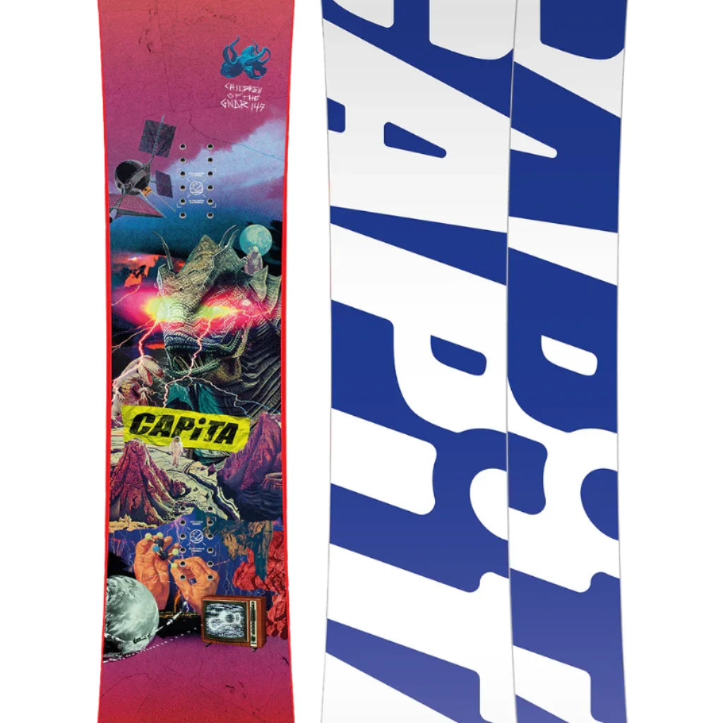CAPiTA - Junior's Children Of The Gnar Snowboard 2025 is a pink snowboard with a colorful graphic of a monster and mountains on it.