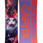 CAPiTA - Junior's Jess Kimura Mini Snowboard 2025 is a black snowboard with a white cat face and red eyes on its top sheet, featuring a geometric pattern of thin white lines and small white dots.