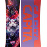 CAPiTA - Junior's Jess Kimura Mini Snowboard 2025 is a black snowboard with a white cat face and red eyes on its top sheet, featuring a geometric pattern of thin white lines and small white dots.