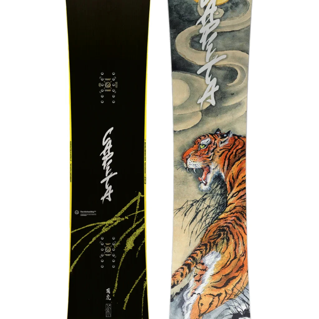 CAPiTA - Kazu Kokubo Pro Snowboard 2025 is shown from a front perspective, featuring a black background with yellow accents and a tiger graphic on the bottom half of the board.