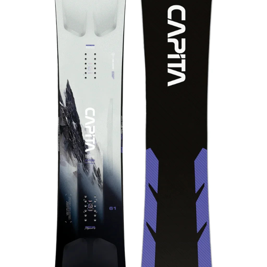 CAPiTA Mega Mercury Snowboard 2025 - A black snowboard with a white logo and blue accents.