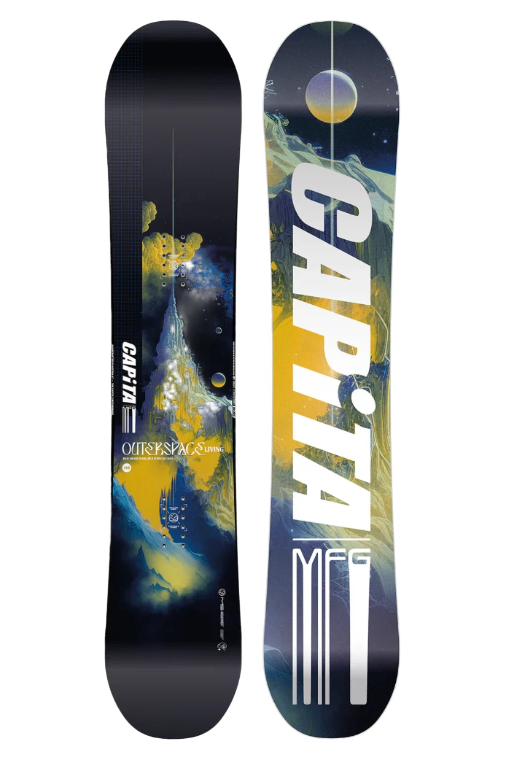 CAPiTA Outerspace Living Snowboard 2025 - A snowboard with a predominantly black background and yellow, blue, and white abstract design.