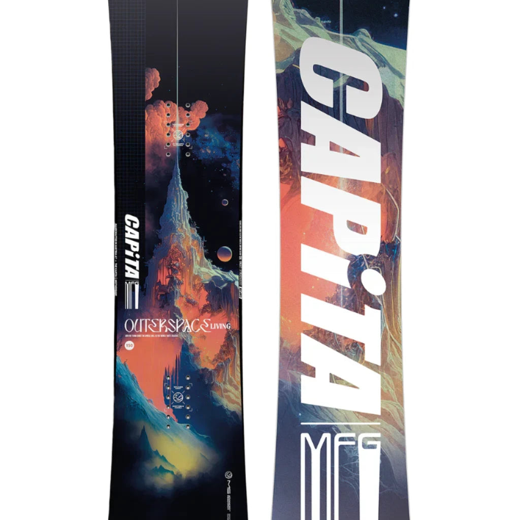 CAPiTA Outerspace Living Snowboard 2025 - A snowboard with a dark blue background and an orange, abstract design featuring planets and mountains.