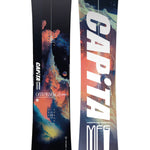 CAPiTA Outerspace Living Snowboard 2025 - A snowboard with a dark blue background and an orange, abstract design featuring planets and mountains.