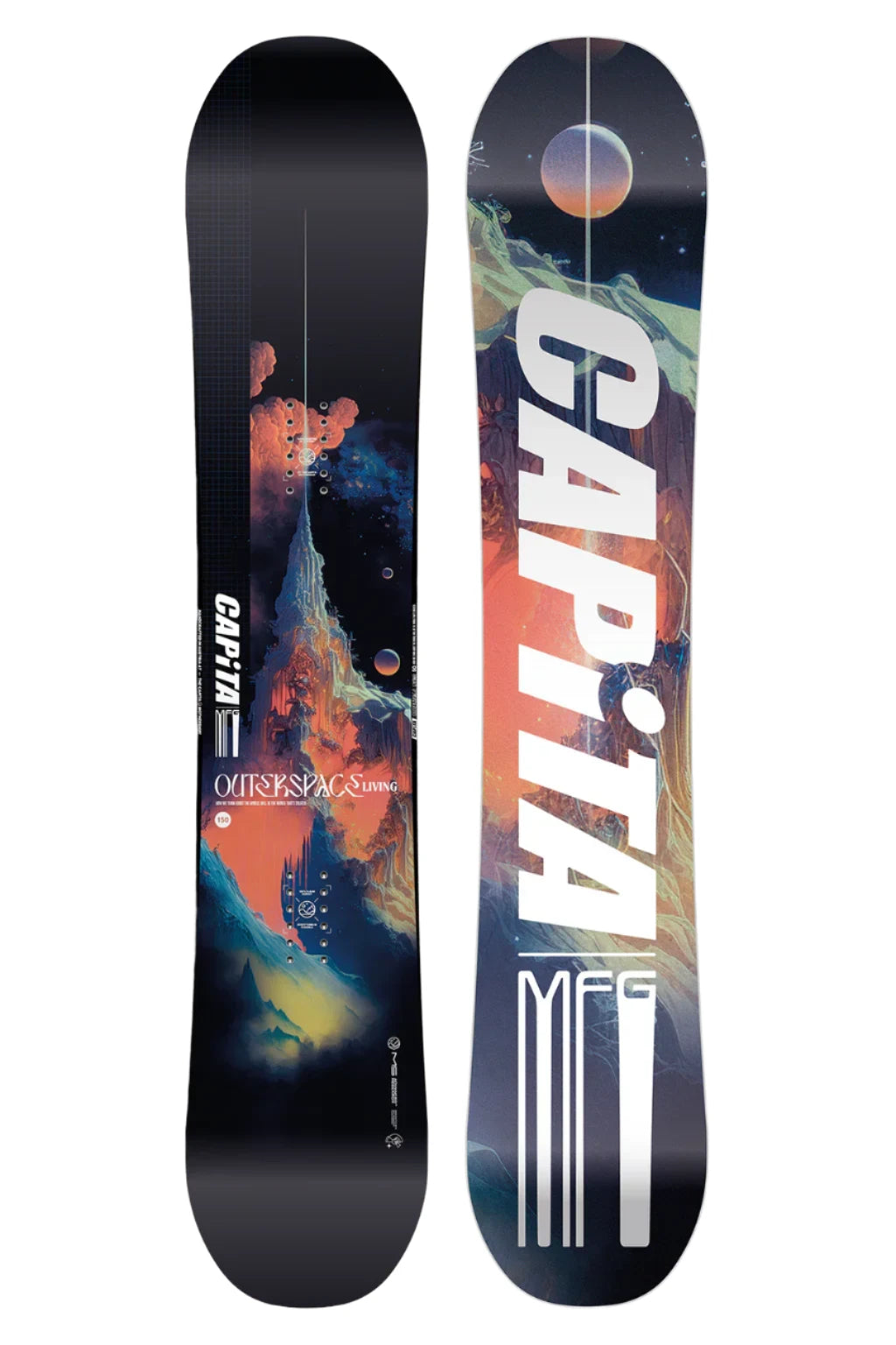 CAPiTA Outerspace Living Snowboard 2025 - A snowboard with a dark blue background and an orange, abstract design featuring planets and mountains.