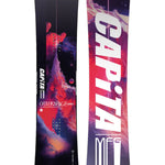 CAPiTA Outerspace Living Snowboard 2025 - A snowboard with a red and purple abstract design featuring a mountain peak, planets, and stars.