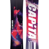 CAPiTA Outerspace Living Snowboard 2025 - A snowboard with a red and purple abstract design featuring a mountain peak, planets, and stars.