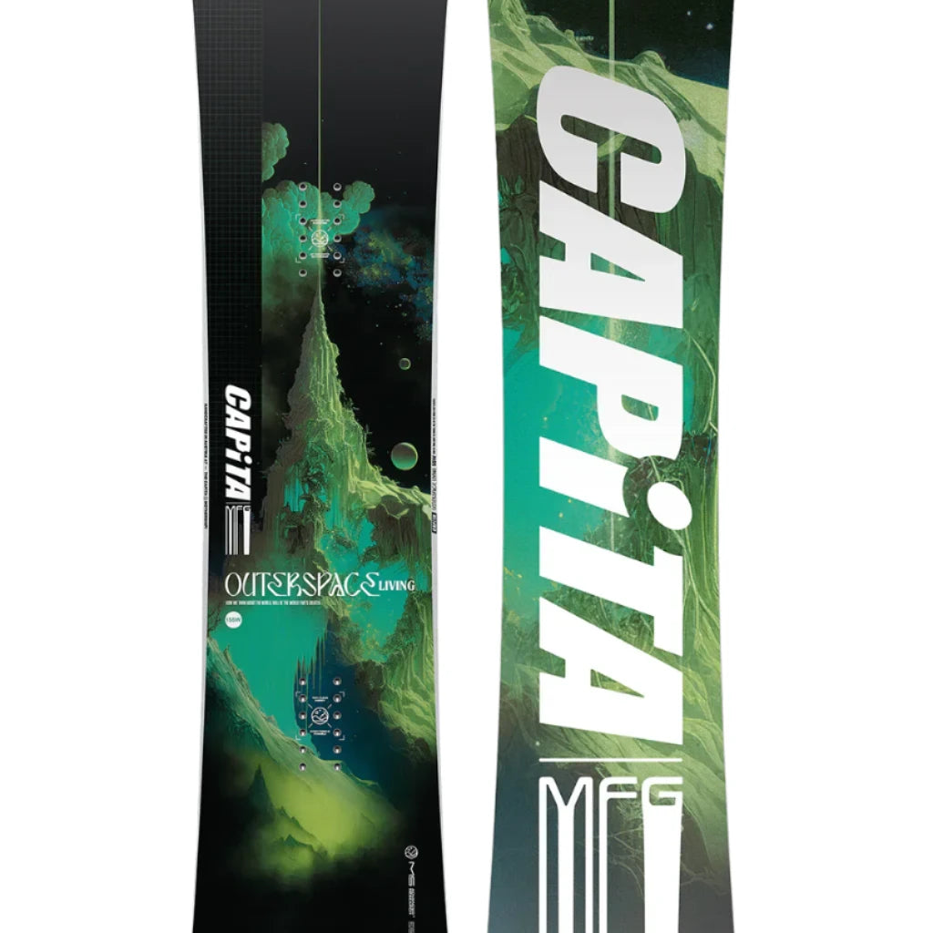 CAPiTA Outerspace Living Snowboard 2025 - A black snowboard with a green and blue abstract design featuring a mountain peak, planets, and stars.