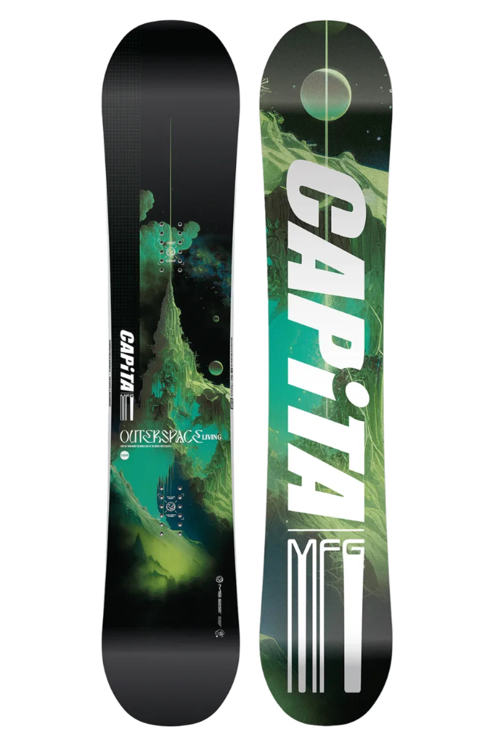 CAPiTA Outerspace Living Snowboard 2025 - A black snowboard with a green and blue abstract design featuring a mountain peak, planets, and stars.