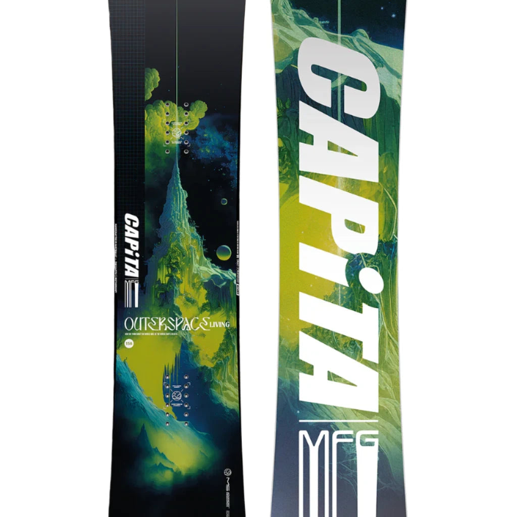 CAPiTA Outerspace Living Snowboard 2025 - A snowboard with a green and blue abstract design featuring a mountain peak, set against a black background.